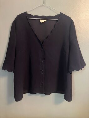 Sezane Navy Scallop-Trim Button Front Blouse